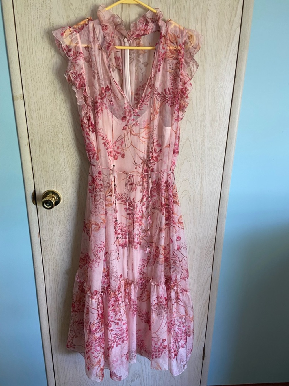 Alex Marie Dress Flutter Floral Pink Orange Cap Sleeve Tassel Midi Sz 12